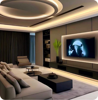 Living room with a large TV and white sofas