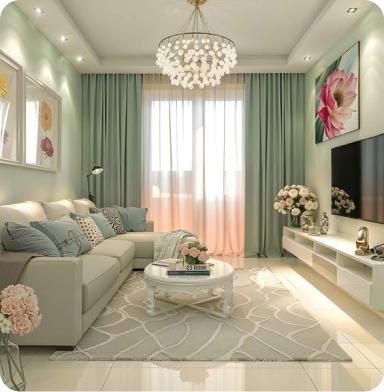 Living room with a modern TV setup and white furniture